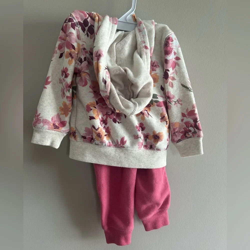Girls Oshkosh b’gosh 12M pink sweatpants and floral zipped sweatshirt with hood